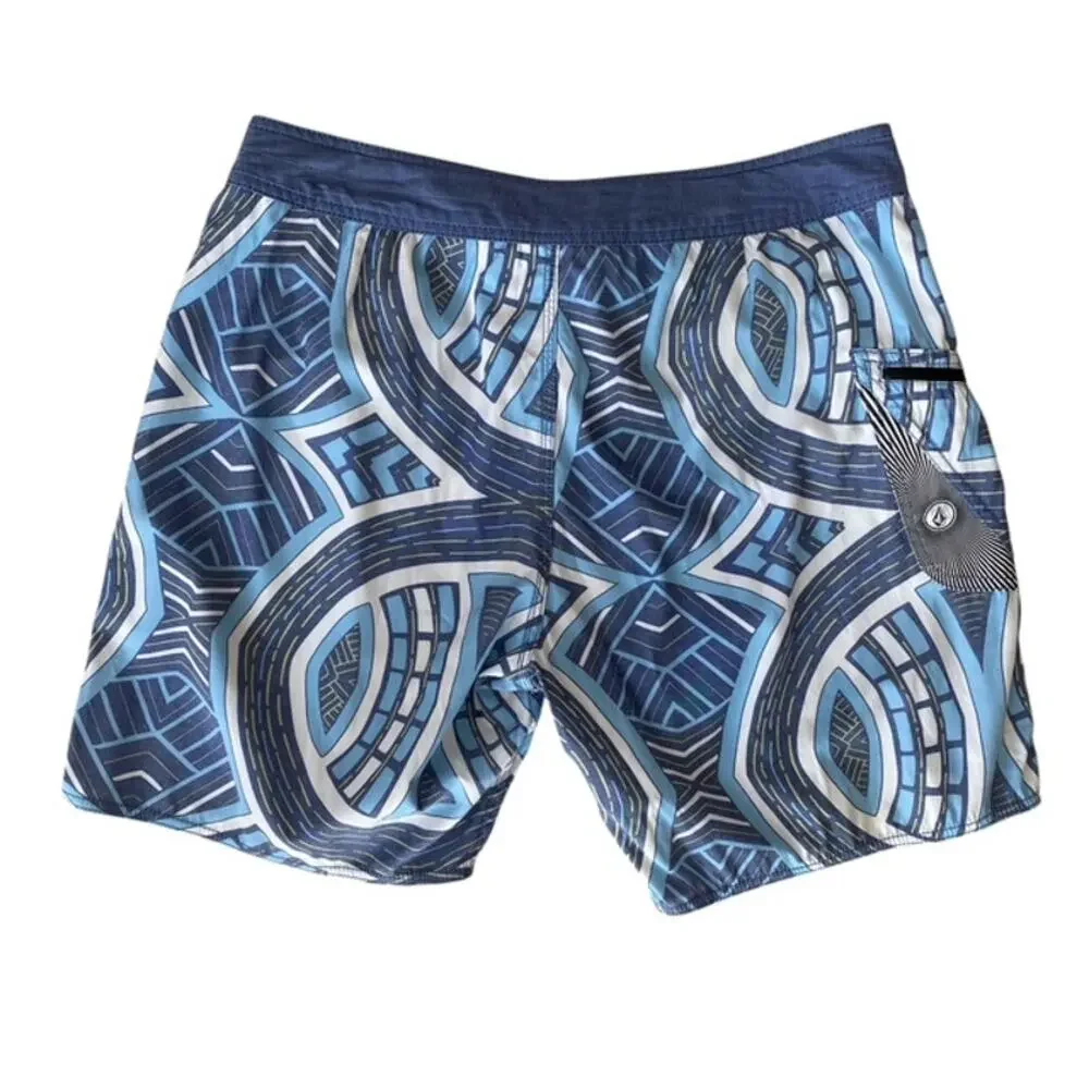 Volcom Blue and White Flat Front Board Shorts - Size 34